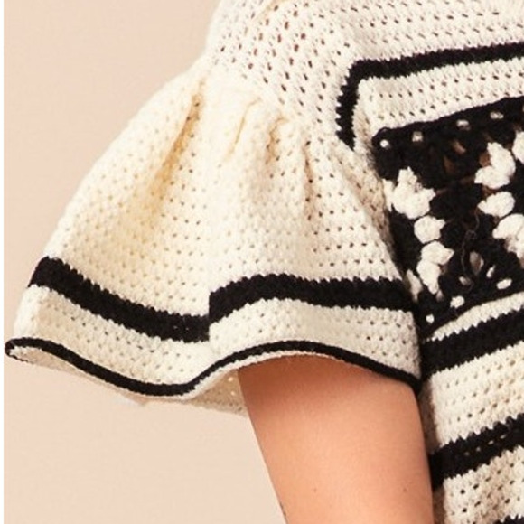 BiBi Cream Black Granny Square Short Ruffle Sleeve Striped Sweater X-Large NEW - Picture 6 of 6